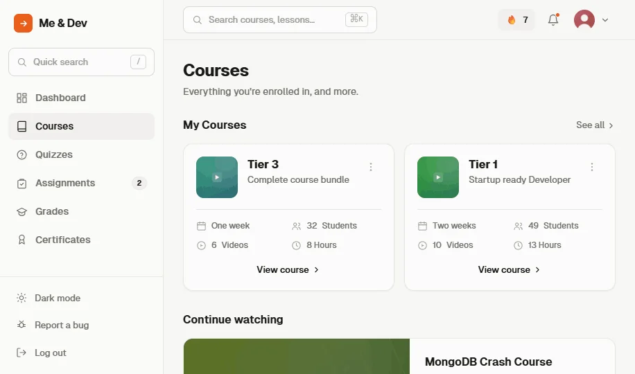 Me & Dev courses view — enrolled course bundles with duration, cohort size, and video count