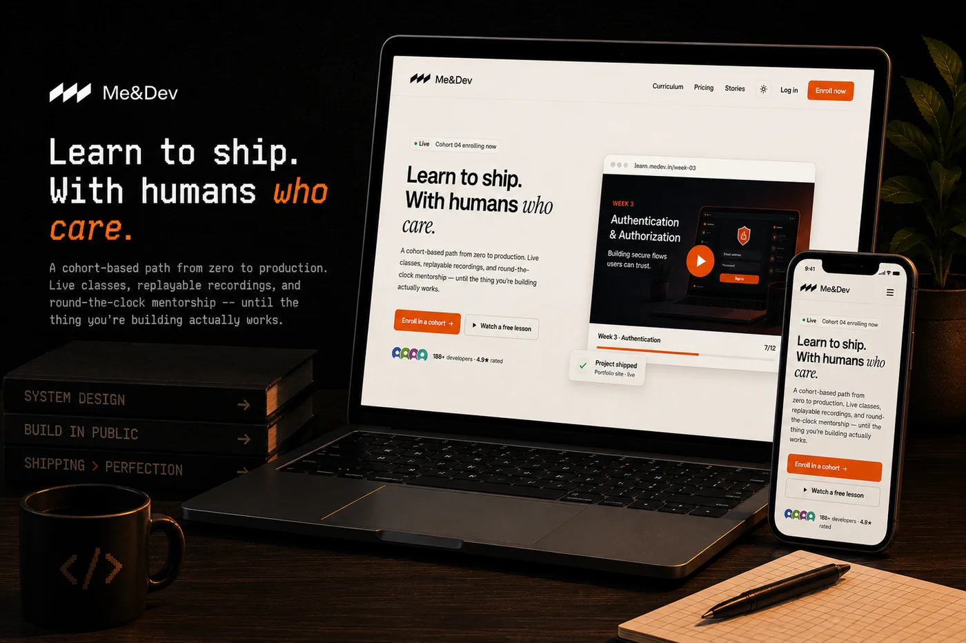 Me&Dev site open on a laptop and phone