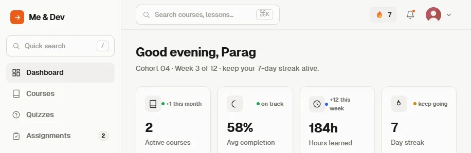 Me & Dev learner dashboard — active courses, average completion, hours learned, day streak, continue watching, next deadline
