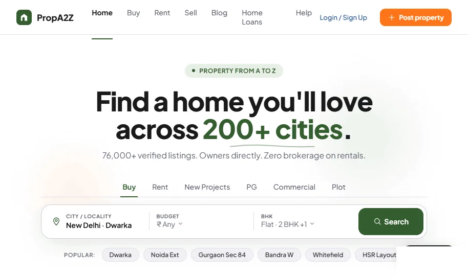 PropA2Z home page with search entry across 200+ cities