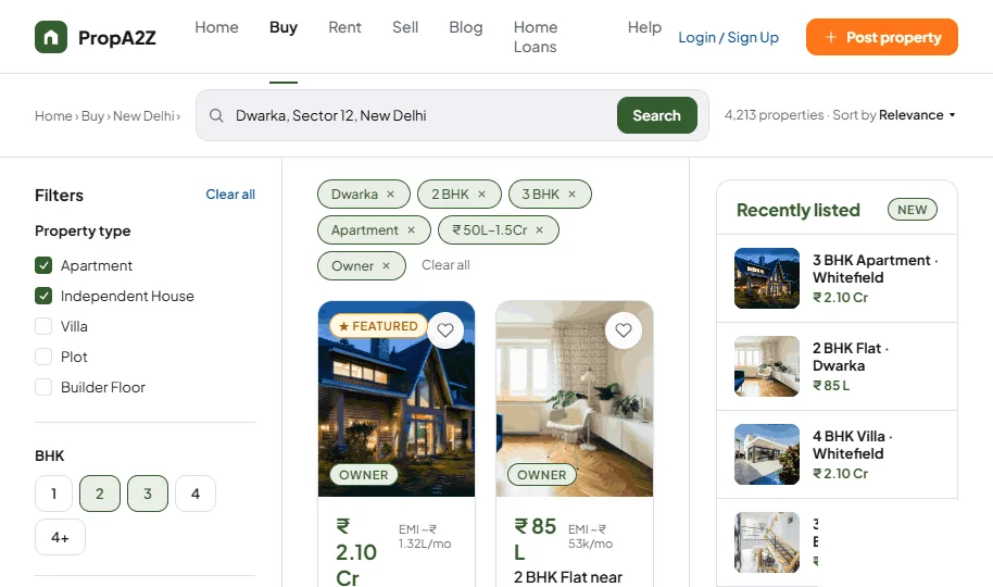 PropA2Z search results with filters, applied chips, and a recently-listed rail
