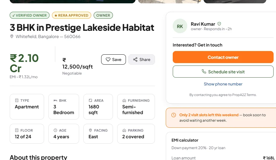 PropA2Z property detail with specs grid, contact owner, EMI calculator, and scarcity nudge