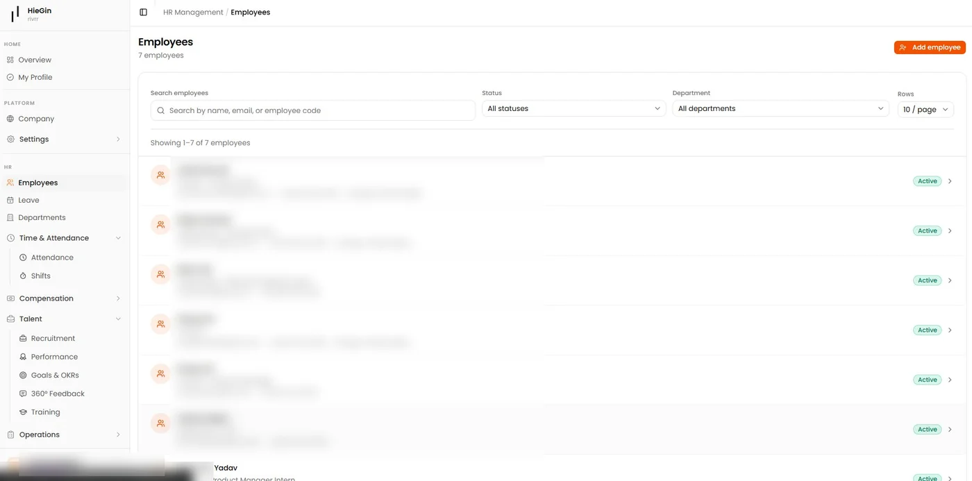 Employee roster view with search and filter controls