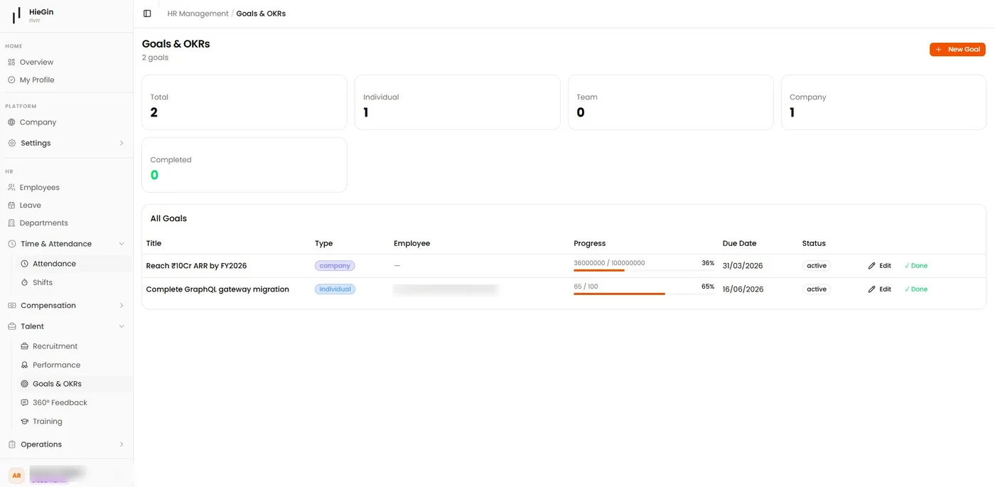 Goals and OKRs tracking screen showing individual and team objectives